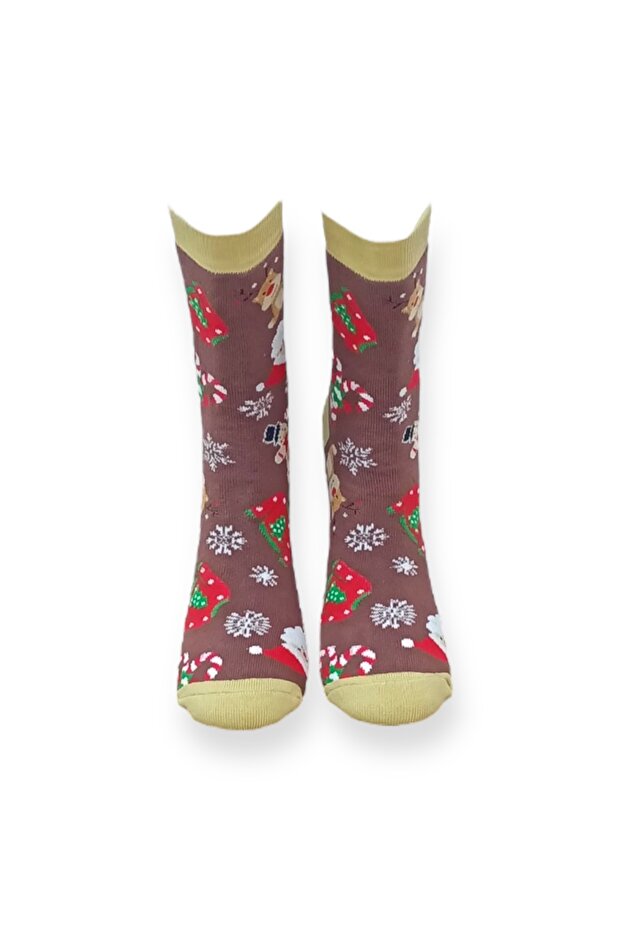 Tekli Kahverengi Renkli Unisex Esnek Nem Alabilen Pamuklu Christmas Desenli Havlu Çorap - 3