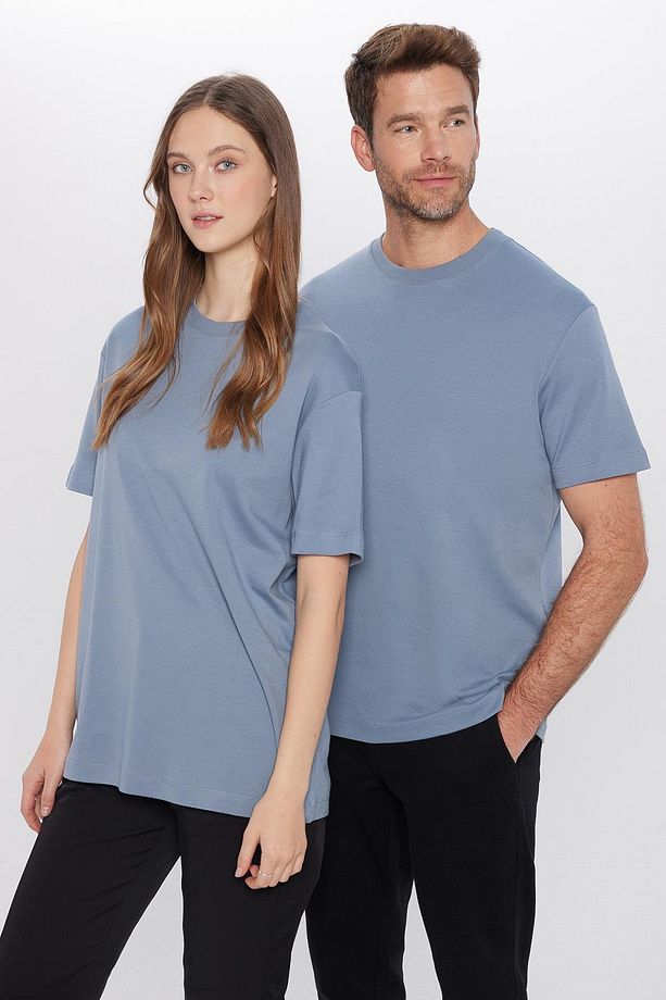 Unisex Relax Fit Rahat Kesim %100 Pamuk Yumuşak Dokulu Hafif Kalın Basic Bisiklet Yaka Mavi Tişört - 3