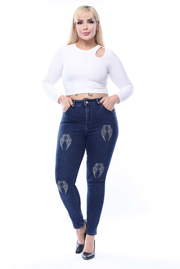 Slim Fit Jeans Plus Size High Waist Embroidered and Stone Stretch Denim Pants