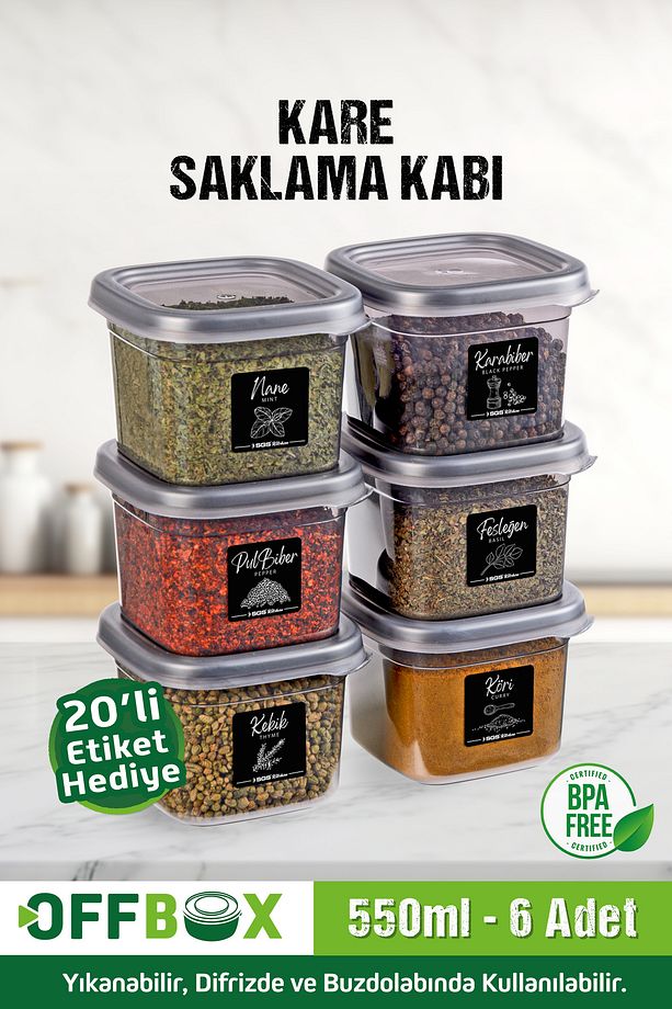 6 Lı 12 Parça 550 Ml. Kare Erzak Saklama Kutusu Baharatlık Seti 20 Etiket Hediyeli - 3