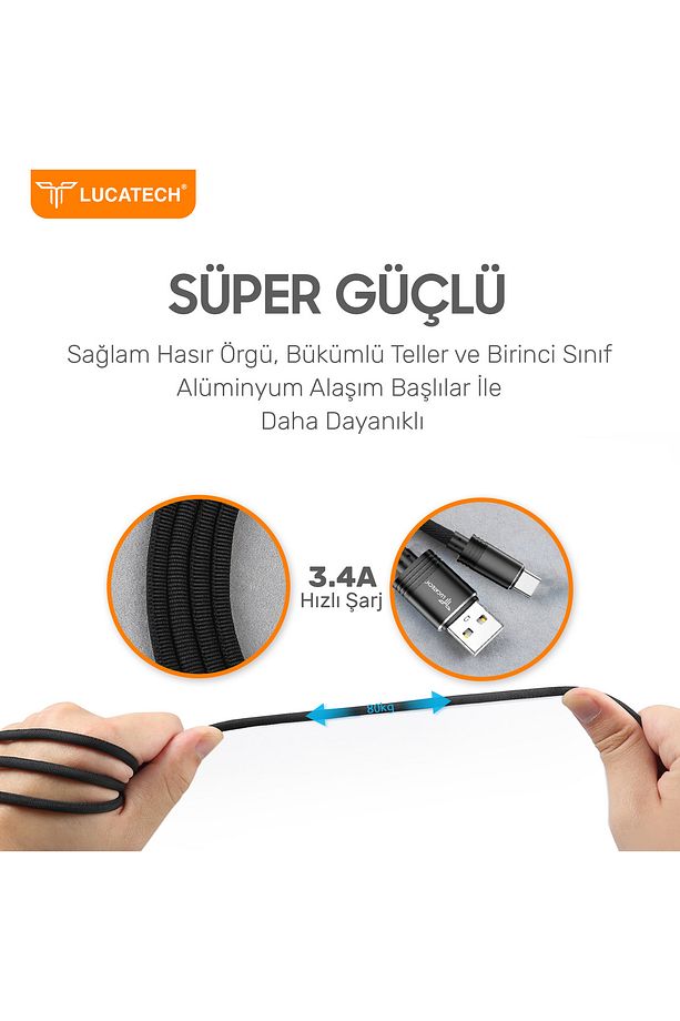 LG G5 ve öncesi modeller ile uyumlu Mikro Hızlı Şarj Kablosu Micro 1 Mt Örgü Tip Kırılmaz Kablo - 2