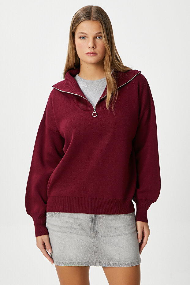 Kadın Bruno Basic Fermuarlı Bordo Kazak - 8