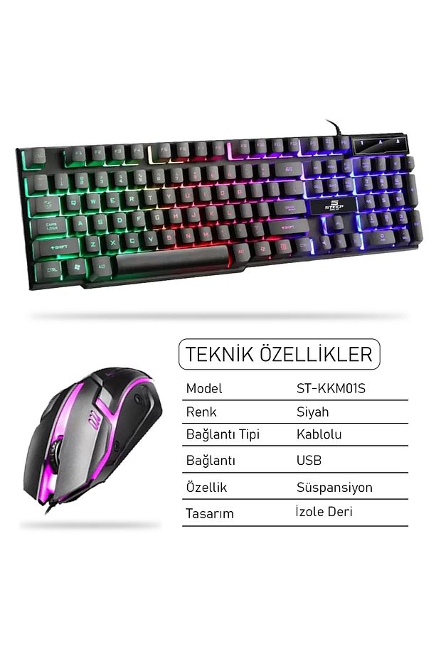 St-kkm01s Mekanik Hisli Kablolu Rainbow Işıklı Oyuncu Klavye - Mouse Set - 3