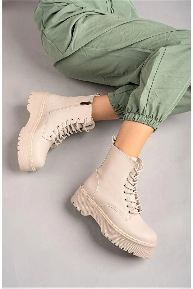 Vanetix Thick Heel Zippered Cream Women's Boots