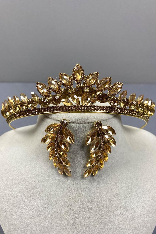 Honey Color Leyn Bridal Henna Crown and Leaf Jewelled Earring Set