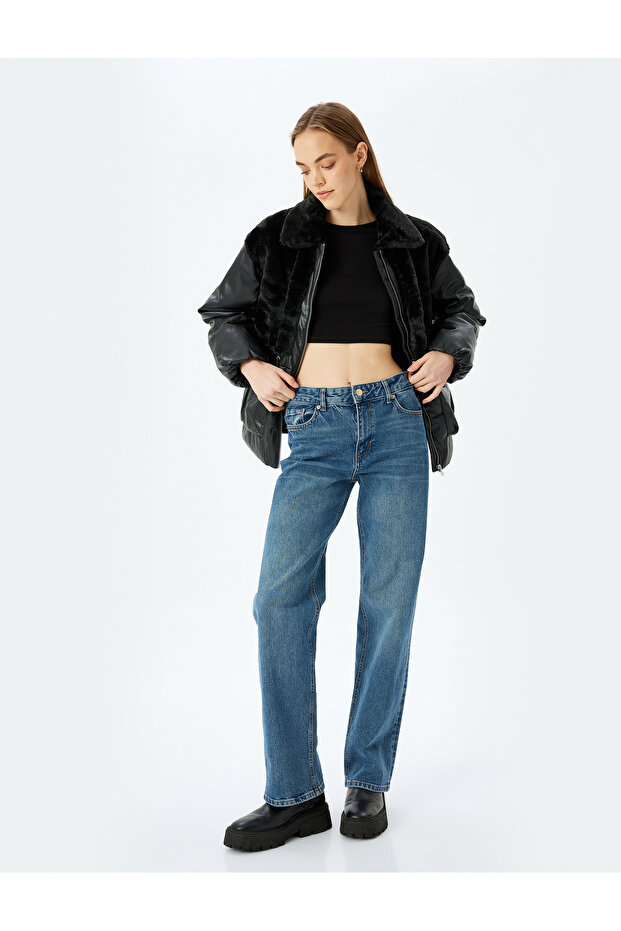 Plush Detailed Leather Look Puffer Jacket with Zippered Pockets