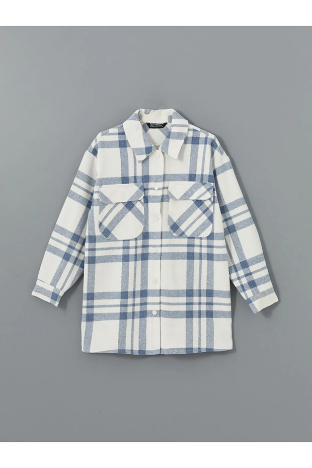 LCW Modest Mavi Ekose Oversize Kadın Gömlek Tunik - 4