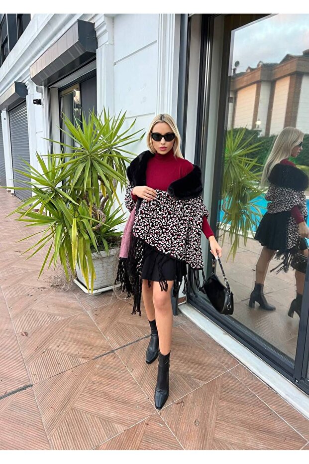 شال بنقشة الفهد مع ياقة من الفرو - 7