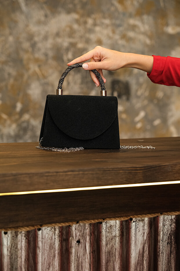 Black Silvery Women's Evening Dress Stone Detailed Handle Chain Strap Evening Bag