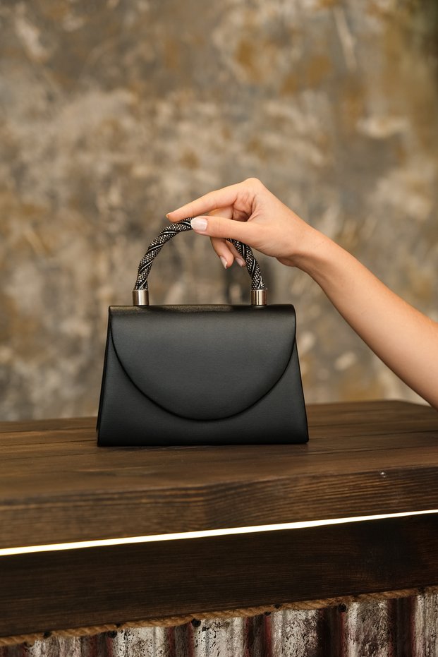 Women's Black Fabric Evening Dress Stone Detailed Handle Evening Bag