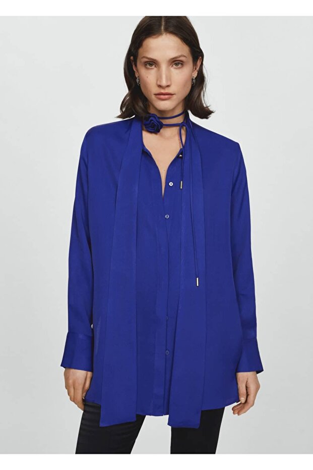 Saten çiçekli chocker bluz - 1