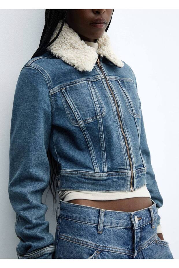 Kürk Yakalı Denim Ceket - 8