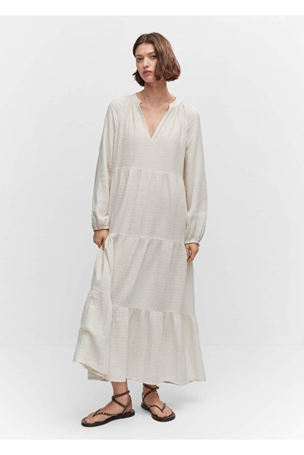 V Yakalı Pamuklu Maksi Elbise - 2