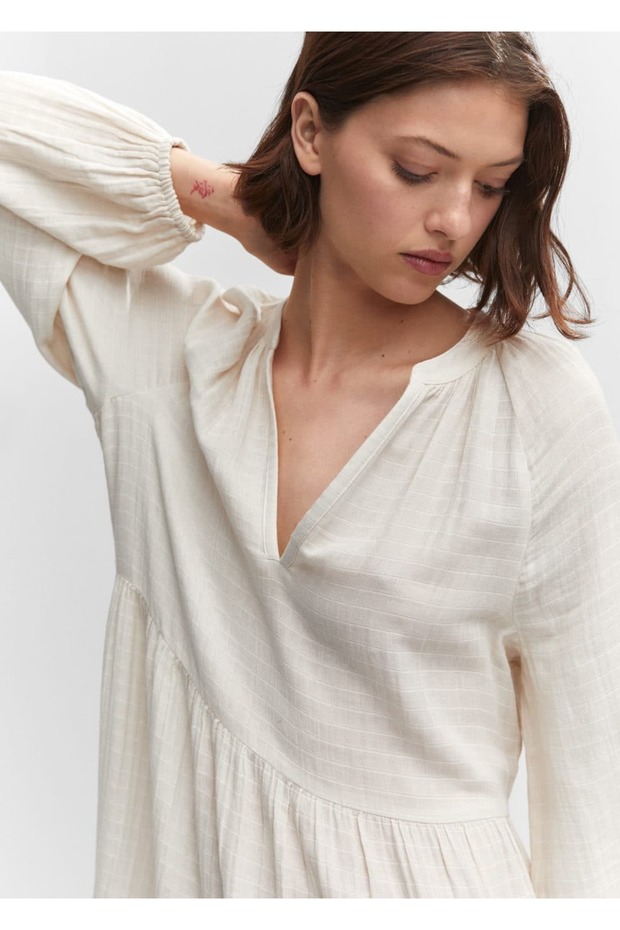 V Yakalı Pamuklu Maksi Elbise - 5