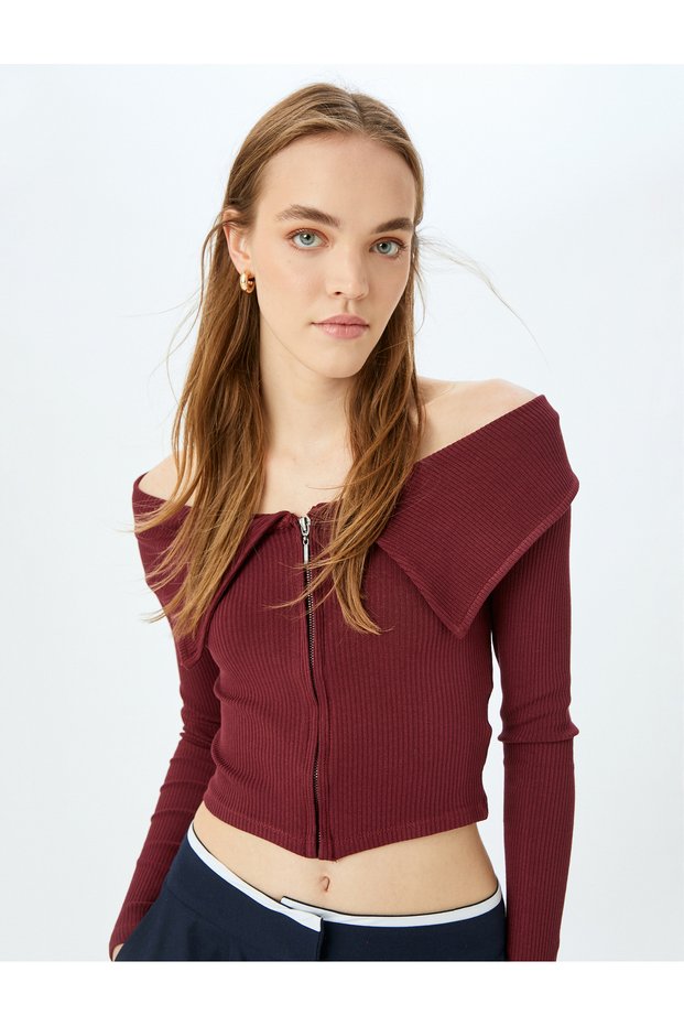 Crop T-Shirt Long Sleeve Zip Off-The-Shoulder Slim Fit