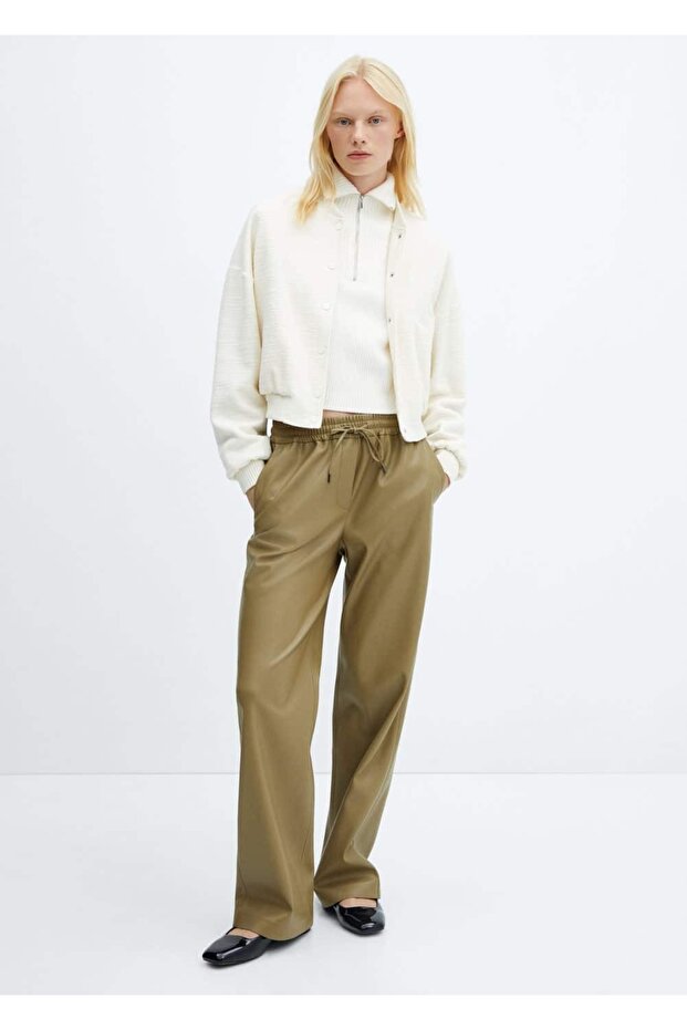 Deri görünümlü beli elastik pantolon - 2