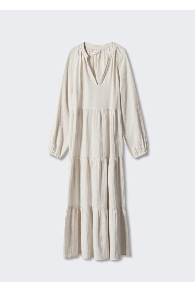V Yakalı Pamuklu Maksi Elbise - 3