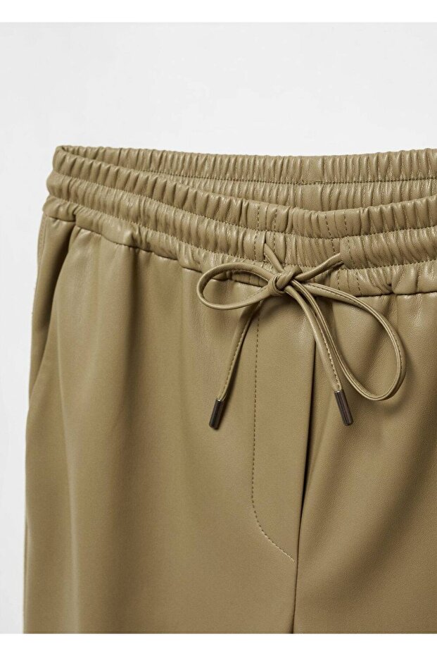 Deri görünümlü beli elastik pantolon - 5