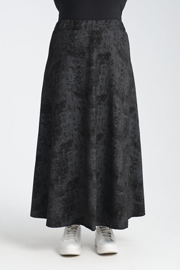 Black Oil Patterned Flared Long Skirt with Elastic Waist G029-12