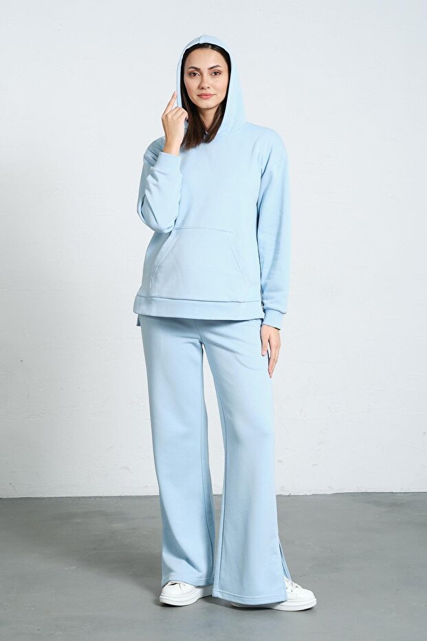 Maternity Stretchy Abdominal Band Adjustable Waist Hooded Nursing Details Wide Leg Sweatpants Set