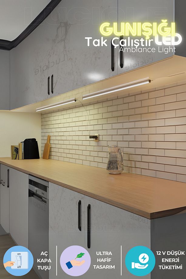 Mutfak tezgah altı  led ışık bar  aç kapa günışığı yapışkanlı 1 metre - lambader gun6 - 1