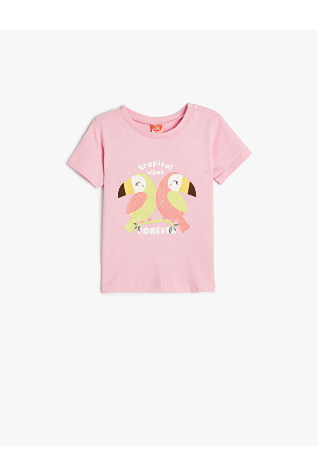 T-Shirt Short Sleeve Crew Neck Bird Printed Cotton