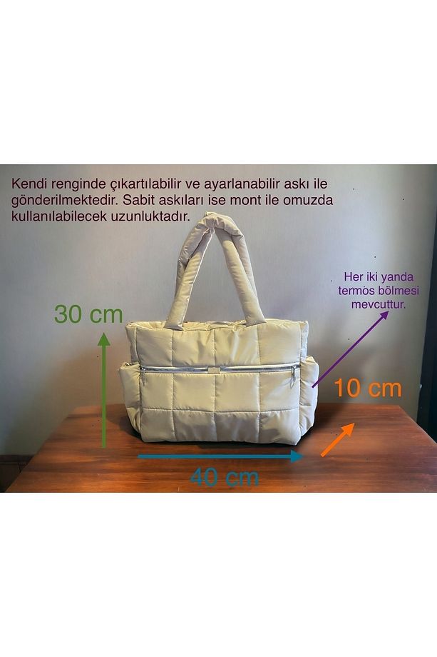 Kadın Çanta - Rettangolo Speciale - Su Geçirmez Puf Kumaş - Ekru - 7