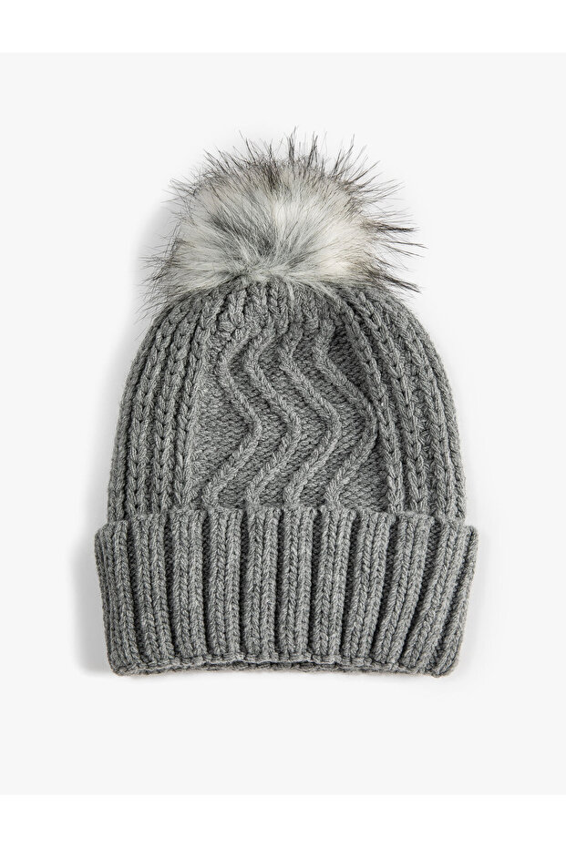 Knitted Beret with Plush Pompom
