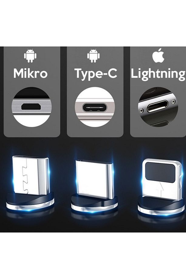 1M Magnetic-Miknatisli Usb Sarj Kablosu 3 Baslik(iPhone+Type-C+Micro SIYAH - 4
