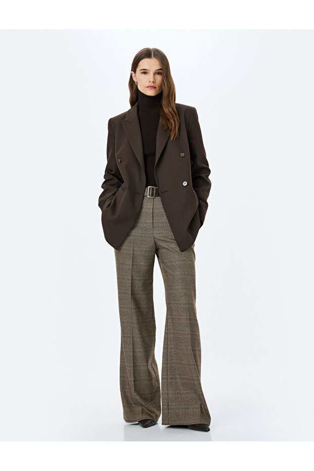 Plaid Patterned High Waist Wide Leg Fabric Pants with Pockets