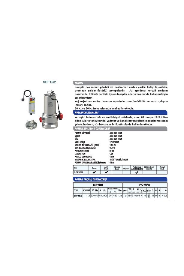 SDF15/2 Komple Paslanmaz Foseptik 1.1 KW- 1.5 HP Dalgıç Drenaj Pompa 2" Çıkışlı MONOFAZE 220V - 2