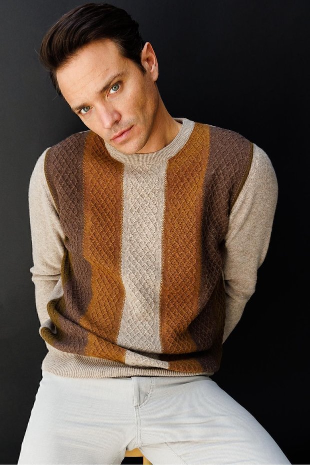 Men's Crew Neck Front Colored Wool Sweater K.Beige