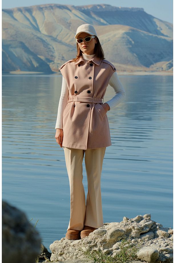 Kemerli Kaşe Oversize Pudra Midi Yelek - 3