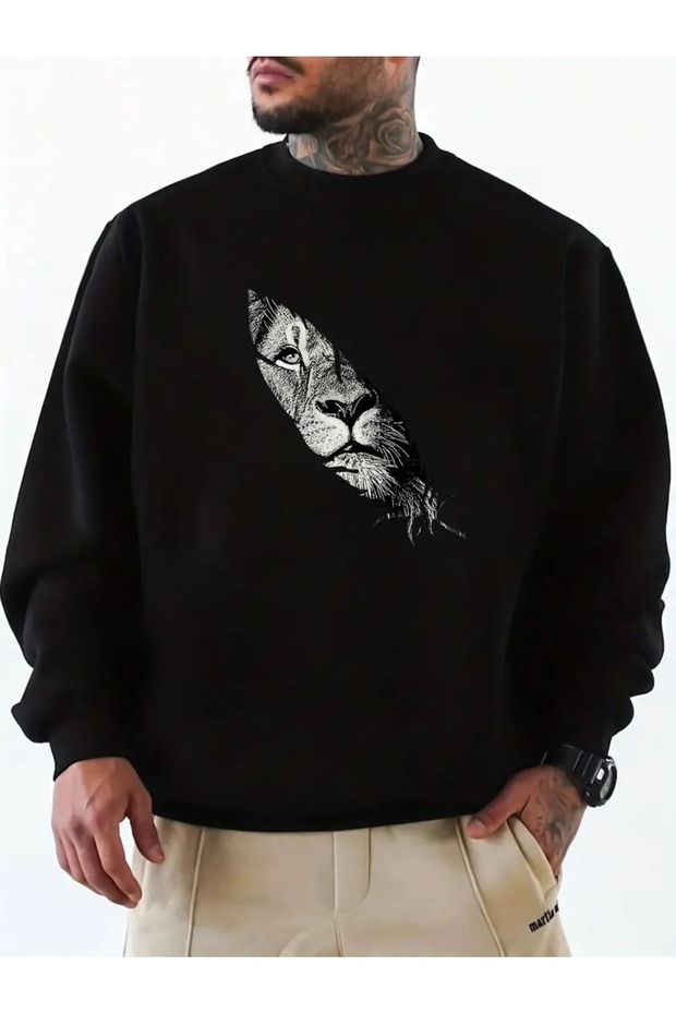Unisex Lion Printed Cycling Neck Sweatshirt