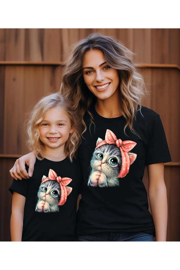 Mother and Daughter Cute Cat Printed T-Shirt (It's a Unique Product, Add 2 Pieces in the Basket for Combine)