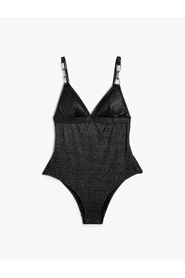 Glitter Swimsuit, Stone Chain Detailed Strap V-Neck