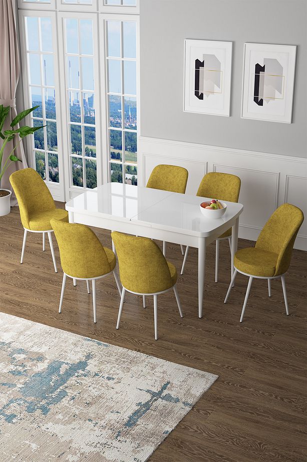 Zen Serisi 80x132 Mdf Açılabilir Beyaz Mutfak Masası Takımı Ve 6 Hardal Sandalye - 1