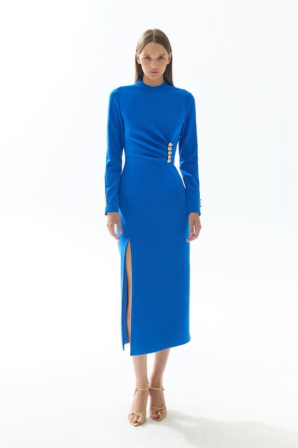 Saks Mavi Drape Ve Yırtmaç Detaylı Midi Elbise - 3
