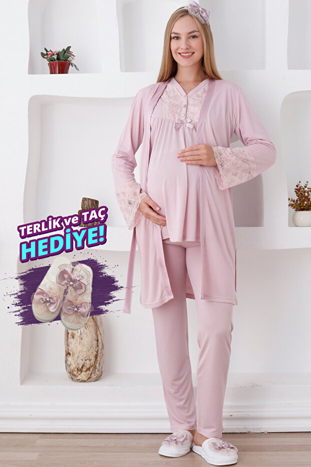Long Sleeve and Buttoned Maternity Pajama Set/3-Piece Maternity Pajama and Dressing Gown Set/Sweatshirts and Crown Gift