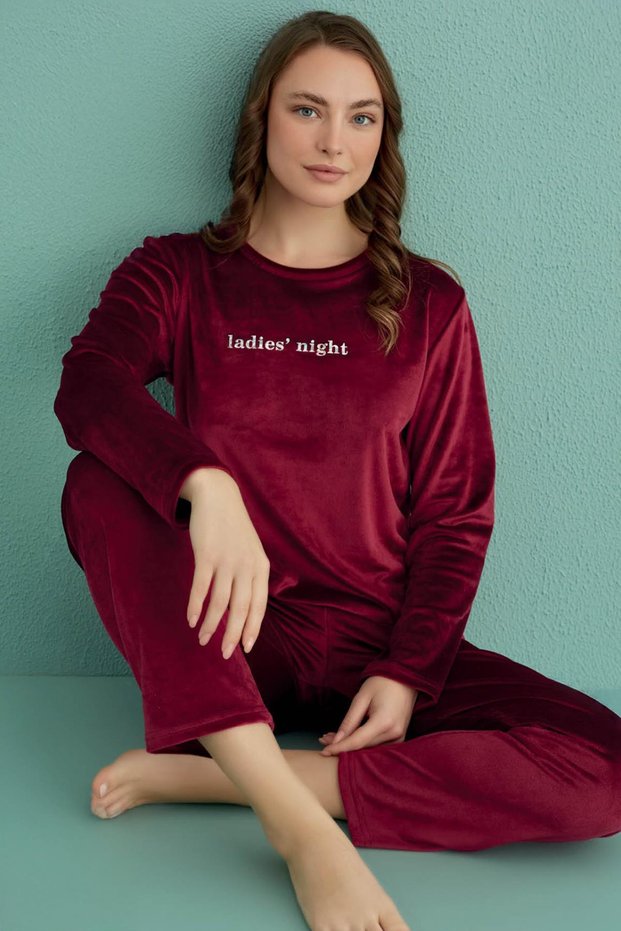 Women's Long Sleeve Velvet Burgundy Pajamas Set C1T3N1O66-12