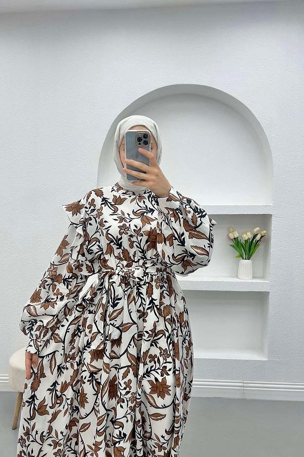 Omuz Fırfırlı Çiçekli Elbise Kahve - 2