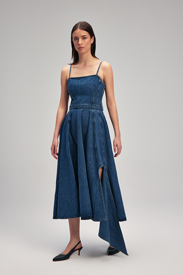 Volanlı Denim Elbise - 6