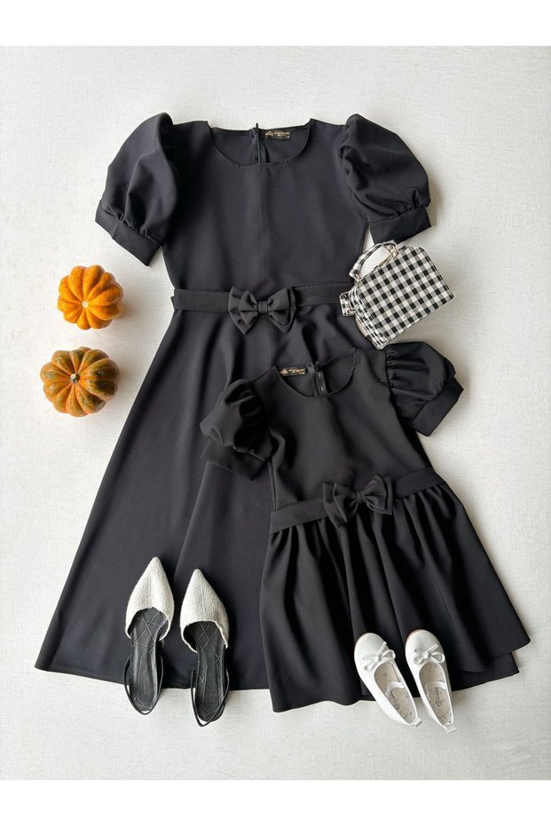 Black Watermelon Sleeve Crepe Midi Size Flared Mother-Daughter Combination (SOLD SINGLE)