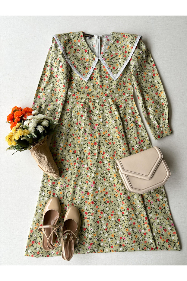 Vintage Green Long Sleeve Collared Floral Print Flared Women's Dress