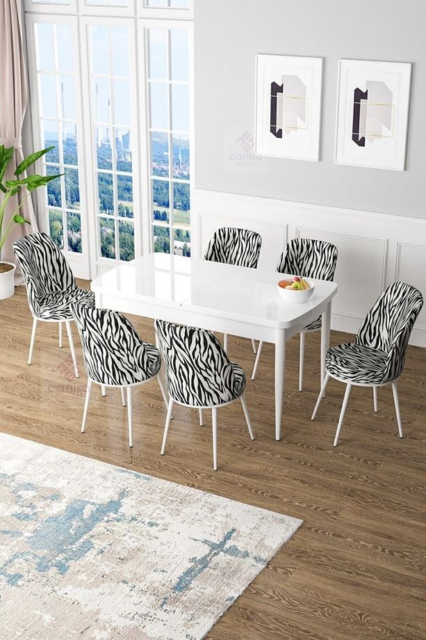 Zen Serisi 80x132 Mdf Açılabilir Beyaz Masa Takımı Ve 6 Zebra Sandalye - 1