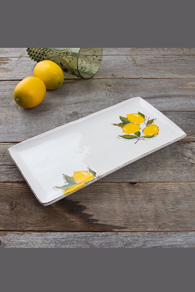 Lemon Pattern Handmade Organic Rectangular Presentation Plate 29X12 cm - 1