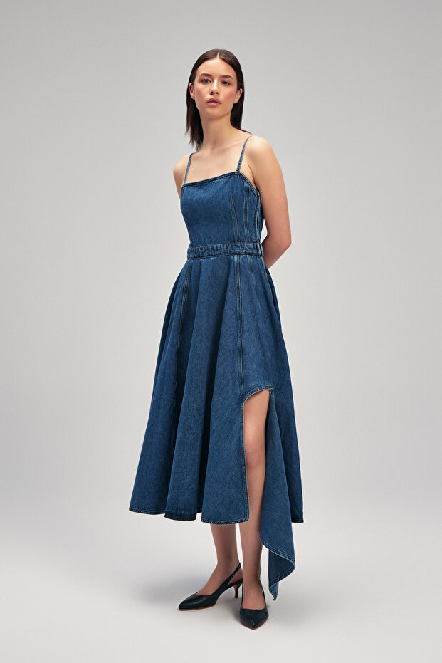 Volanlı Denim Elbise - 7