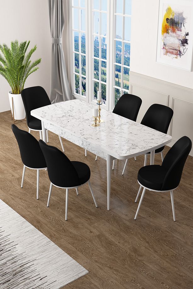 Zen Serisi 80x132 Mdf Açılabilir Beyaz Mermer Desen Masa Takımı Ve 6 Siyah Sandalye - 2