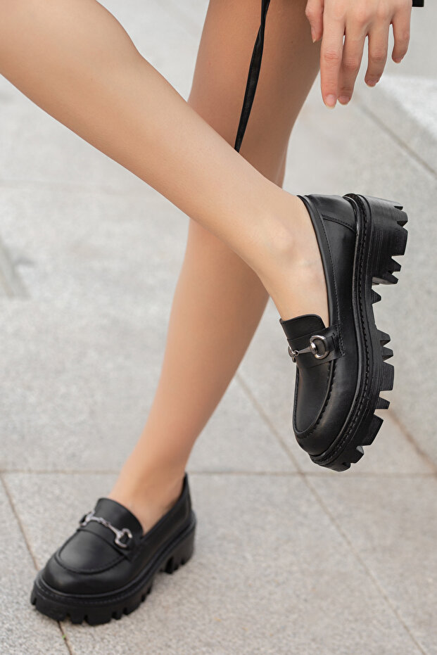 Garantili D124 Kadın Kalın Taban Zincirli Loafer Günlük Ayakkabı - 8
