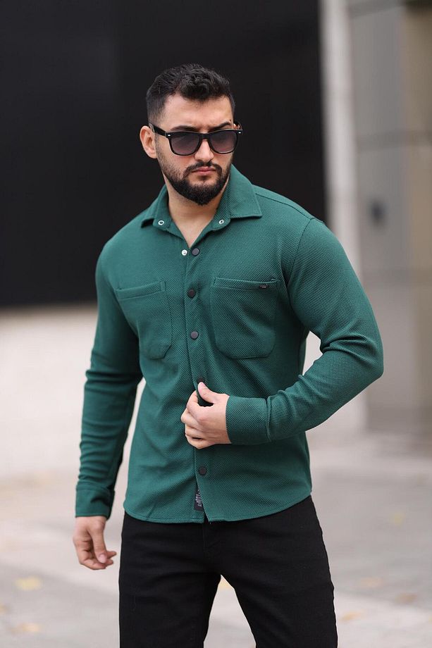 Erkek Yeşil Slim Fit Çift Cep Detaylı Örme Gömlek - 1
